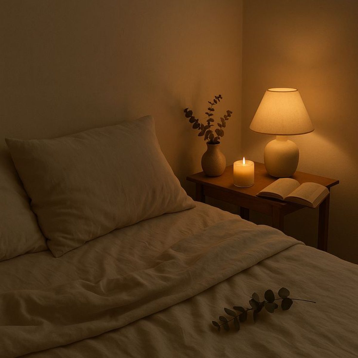 A cozy, warmly lit bedroom with a lamp, candle and open book on the nightstand