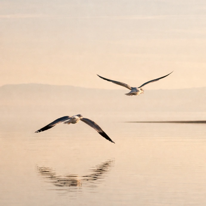 Birds flying low over still water at sunrise, reflecting freedom, calm, and mental clarity