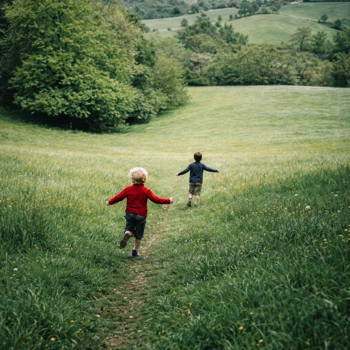 Children running freely through a green field, expressing joy, movement, and natural vitality