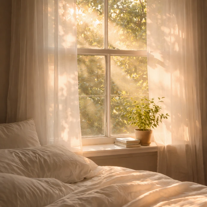Soft morning light streaming through a bedroom window, creating a calm and restorative space for rest and wellbeing