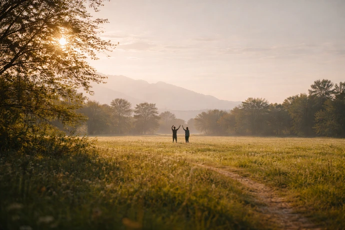 Two people walking together through a peaceful natural landscape, symbolising connection, presence, and shared wellbeing